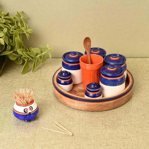 Image of AAKRITI ART CREATIONS Flavor Craft Delights with Tray | Set of 4 Ceramic Achar ki Barni & Mukhwas Box | Includes Glass, Toothpick Holder, Salt & Pepper Shakers & Spoons