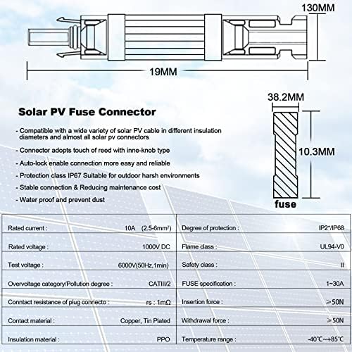 Leehitech 2pcs Solar fuse 10A Fuse with Male and Female Connector Solar PV In-Line Fuse Holder Solar Panel PV Connector for PV Cable in Insulation Diameters and All Kinds of PV Connectors