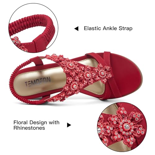 TEMOFON TEMOFON Women's Low Wedge Heels Summer Dressy Platform Sandals Elastic Ankle Strap Open Toe Shoes Red Size 8