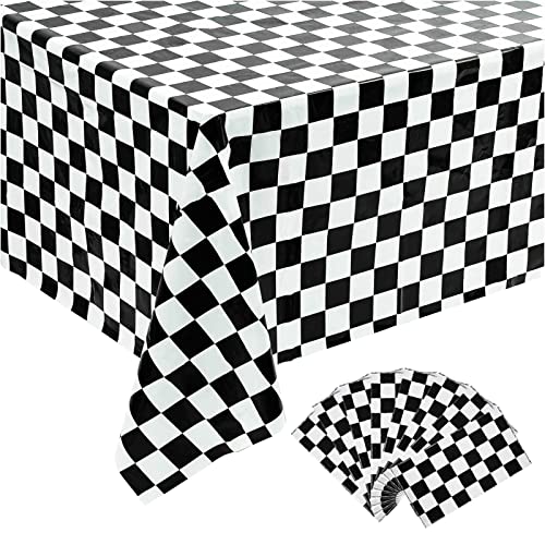Image of Kesfey 8 Packs Black and White Checkered Tablecovers 54 x 108 Inches Disposable Party Picnic Table Cloth Splashproof Plastic Checkered Tablecovers for Camping Decoration Party Favors