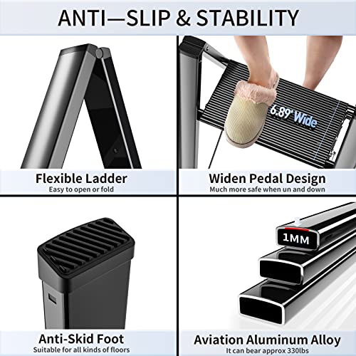 3 Step Ladder Aluminum Lightweight Folding Step Stool Wide Anti-Slip Pedal 330 Lbs Capacity Household Office Portable Stepladder,Black #TOP5