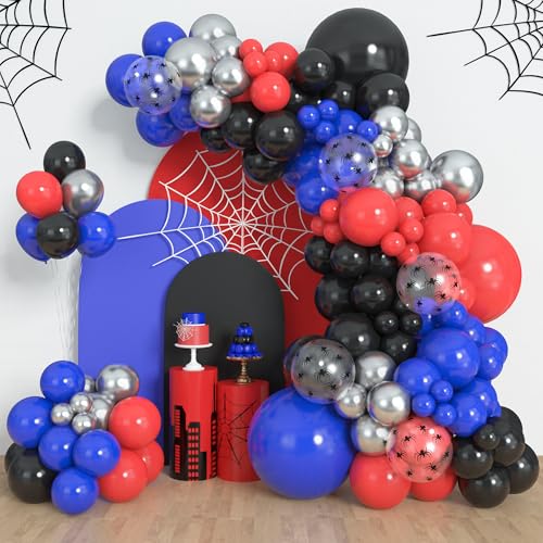 Amandir 153pcs Black Red Blue Balloon Arch Garland Kit Different Sizes 18 12 10 5 inch Red Blue Sliver Spider Balloons for Boys Spider Theme Birthday Party Decorations