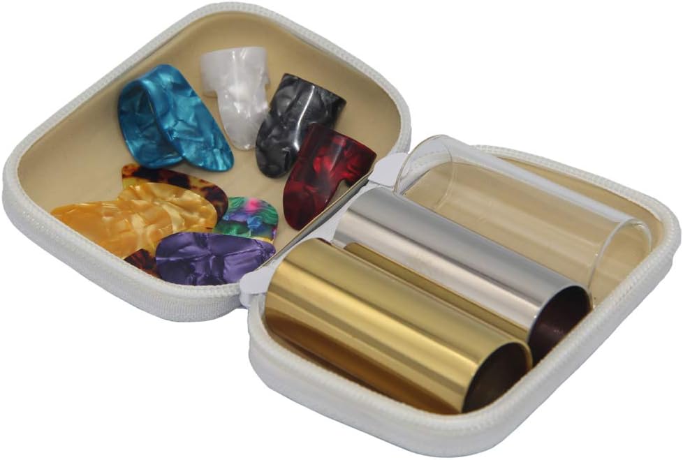 3 Pieces Medium Guitar Slides (Include 2 Colors Stainless Steel, 1 Pieces Glass), 6 Pieces Guitar Picks and 4 Pieces Plastic Thumb & Finger Picks in Zipper box