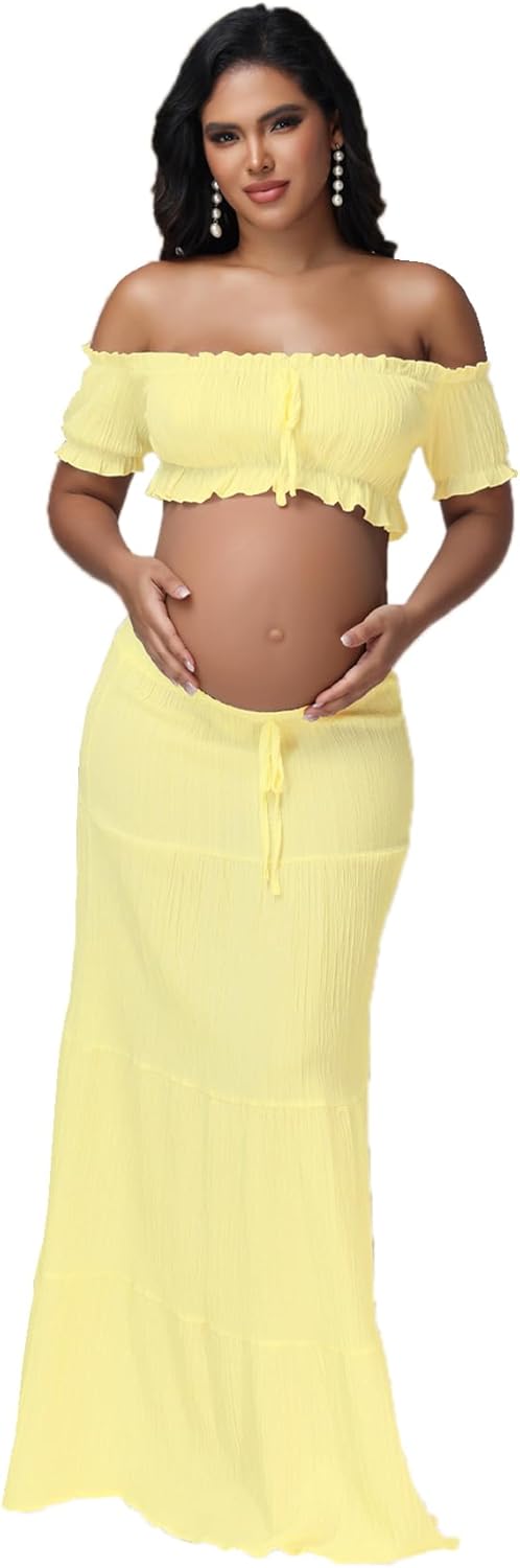 JustVH Maternity 2 Piece Outfits Dress Boho Off Shoulder Ruffle Tube Top Flowy Long Skirt for Photoshoot Baby Shower