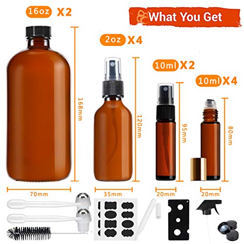 Glass Spray Bottle,MASSUGAR Amber Glass Spray Bottles Set Refillable Container for Essential Oil Bottle Kits - 2 x 16oz, & 4 x 2oz Spray Bottles & 6 x 10ml Roller Bottles for Essential Oils or Cleanin