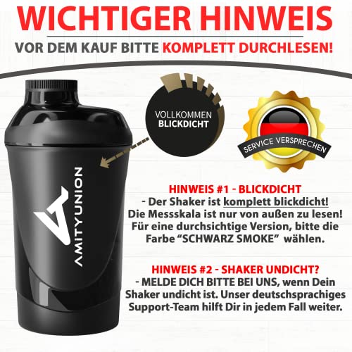 AMITYUNION Protein Shaker Deluxe 800 ml - Eiweiß auslaufsicher - BPA frei mit Sieb & Skala für Cremige Whey Proteinpulver Shakes Fitness Becher für Isolate und Sport Konzentrate Midnight Black