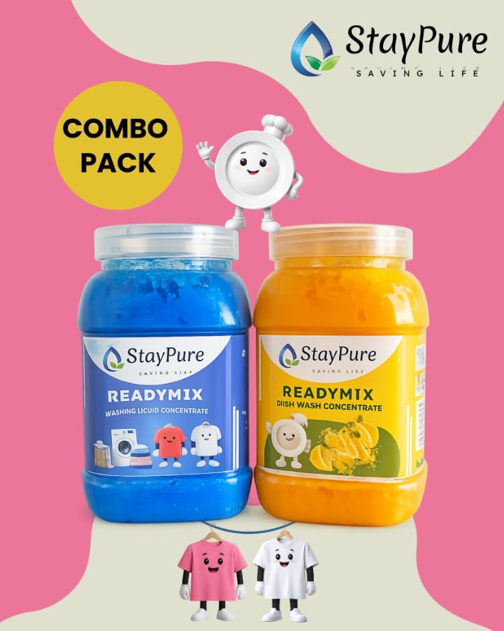 Image of StayPure Readymix Home Cleaning Combo - Laundry Liquid Detergent Concentrate + Dish Wash Concentrate | Makes 5L Each | Powerful Grease & Stain Removal