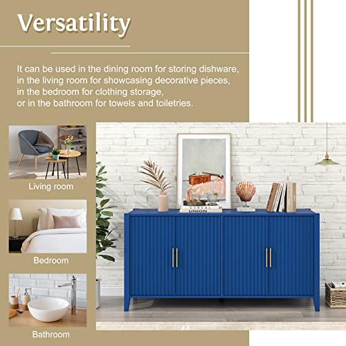 Accent Cabinet With 4 Fluted Design Doors, Freestanding Buffet Cabinet With Golden Metal Handles, Modern Wooden Sideboard Kitchen Cupboard, Simple Style Furniture, 63.1''Wx17.7''Dx31.9''H, Navy Blue #TOP6