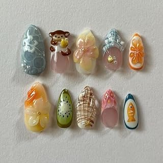 Handora Kawaii Monkey Press-On Nails Handmade Beach Design Reusable Summer Nails for Medium Almond Size XS S M L (L)