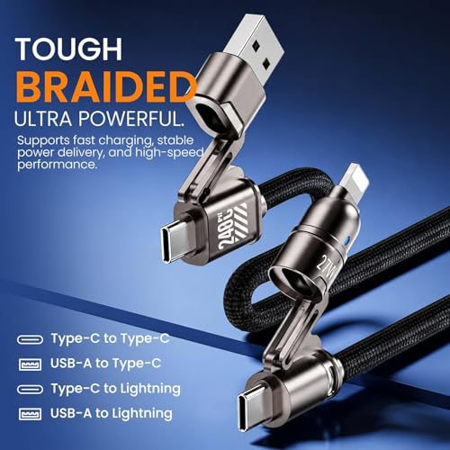 Image of 4 in 1 Multi Charging Cable, Nylon Braided 240W with USB Type C, Lighting Pin, Compatible with Oppo, Vivo, Xiaomi, Samsung, iPhone, iPad Pro & Car Charging, 1 M, by Marchpower.