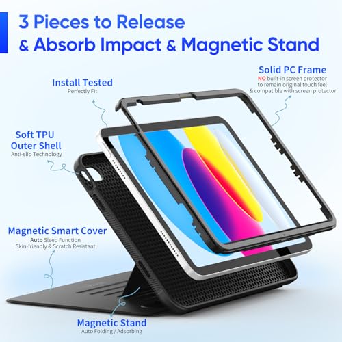 SEYMAC stock Case for iPad (A16) 11th/10th Generation 2025/2022'', Magnetic Auto Sleep Shockproof Case with Multi-Angles Stand, Pen Holder, Card Slot (DarkBlack) by SEYMAC stock - Image 6