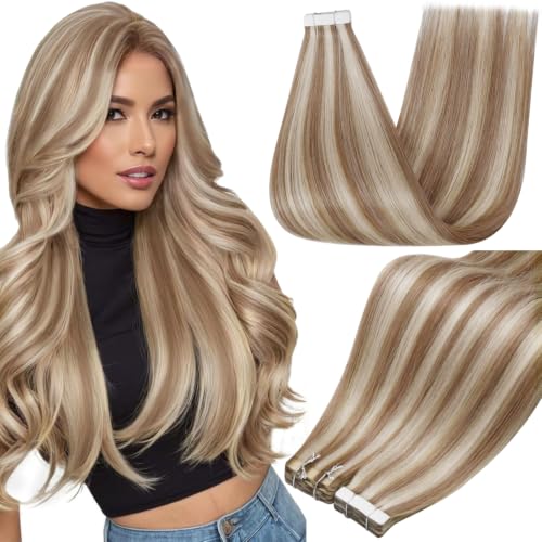 Full Shine Tape In Hair Extensions Human Hair, Golden Blonde 20 Inch | 50G 20Pcs, Remy Human Hair Extensions, Skin Weft Tape, Add Volume And Length, Soft Texture