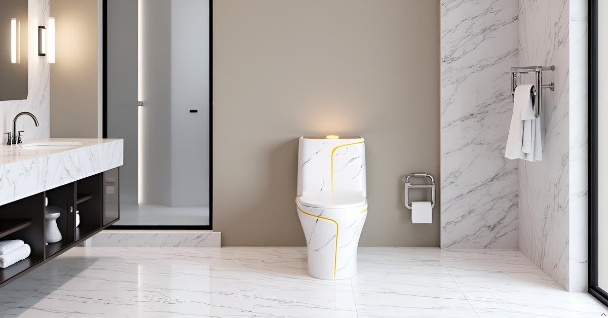 EGO INTERIORS Royalty Line | Einteilige Stand-WC mit eingebautem Spülkasten | Goldene Marmoroptik Keramik | randlos | Sitz mit Soft Close Absenkautomatik | Quick Release Scharnieren