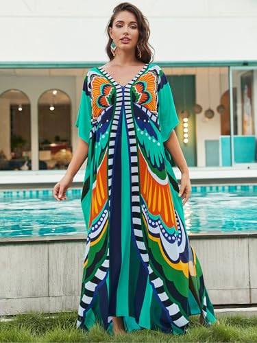 Image of IMAGEKOPE Women's Plus Size Loose Fit Moroccan Print V-Neck Batwing Kaftan Beach Dress Bathing Suit Cover Up