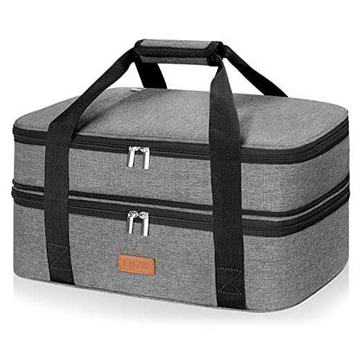 LHZK Double Decker Insulated Casserole Carrier for Hot or Cold Food, Expandable Hot Food Carrier, Lasagna Holder Tote for Potluck Parties, Picnic, Beach, Fits 11 x 15 or 9 x 13 Baking Dish (Grey)