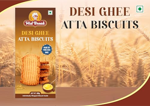 Image of MidBreak Atta Biscuits with Desi Ghee - Handmade, Eggless Vegetarian Cookies | Traditional Tea-Time Snack | 200g Pack- Pack of 1