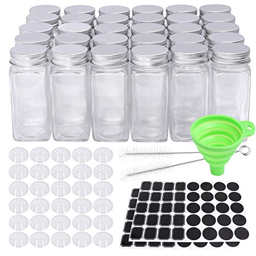 CycleMore 30 Pack 4oz Glass Spice Jars Bottles Square Spice Containers with Silver Metal Caps and PourSift Shaker Lid-80pcs Black Labels1pcs Silicone Collapsible Funnel and 2pcs Brush Included