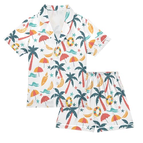 ALAZA Beach Theme Starfish Lemon Palm Tree Pajamas Satin Pajama Set Short Sleeve Button Down Sleepwear