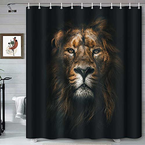Coveimes Black Lion Shower Curtain for Mens Bathroom, Wildlife Powerful Majestic Leo King Head Animal Bathroom Accessories Sets, Kids Boys Black Gold Waterproof Polyester Fabric Bath Curtain, 72 x 72