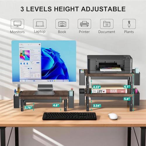 Image of WALI Plastic Computer Monitor Stand with Storage, Desk Organizer with Drawer and Pen Holder, Desk Monitor Riser 3 Height Adjustable, Laptop Riser for Computer, Laptop, Printer(PTT003-C), 1 Pack, Brown