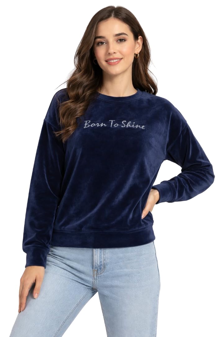 Camey Women's Velour Sweatshirt, Round Neck, Long Sleeve, Casual Winter Pullover Top-picture-16