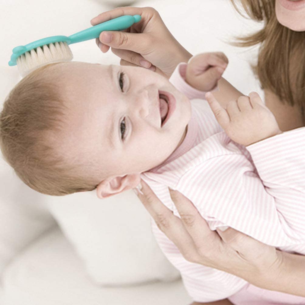 Premium 1 Set of Baby Goat Hair Brush and Comb, Natural Soft Bristles for Grooming Hair Care Products Newborns and Toddlers, Infants, Kids Children Tender Scalp Relaxation (Blue)