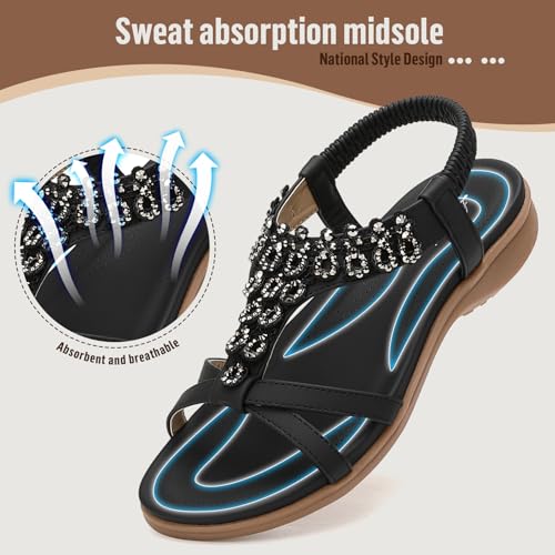 Image of Littleplum Womens Sandals Arch Support Slingback Rhinestone Dressy Sandals Comfort Summer Shoes Ankle Strap Elastic Flats for Beach Walking