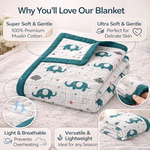 Image of Baby Muslin Blanket for Newborn | 4-Layer Crinkled Cotton Muslin Blanket | Soft, Breathable, Lightweight All-Season Baby Blanket (100 X 100 cms) | 0-2 Years | Elephant Design