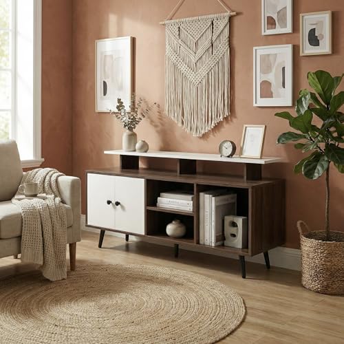 Image of Icon TV Entertainment Unit with Elevated Soundbar Shelf & Storage Cabinet, Modern Media Console for Living Room up to 55 Inch TV, 140x40x64cm (Dark Oak & White)