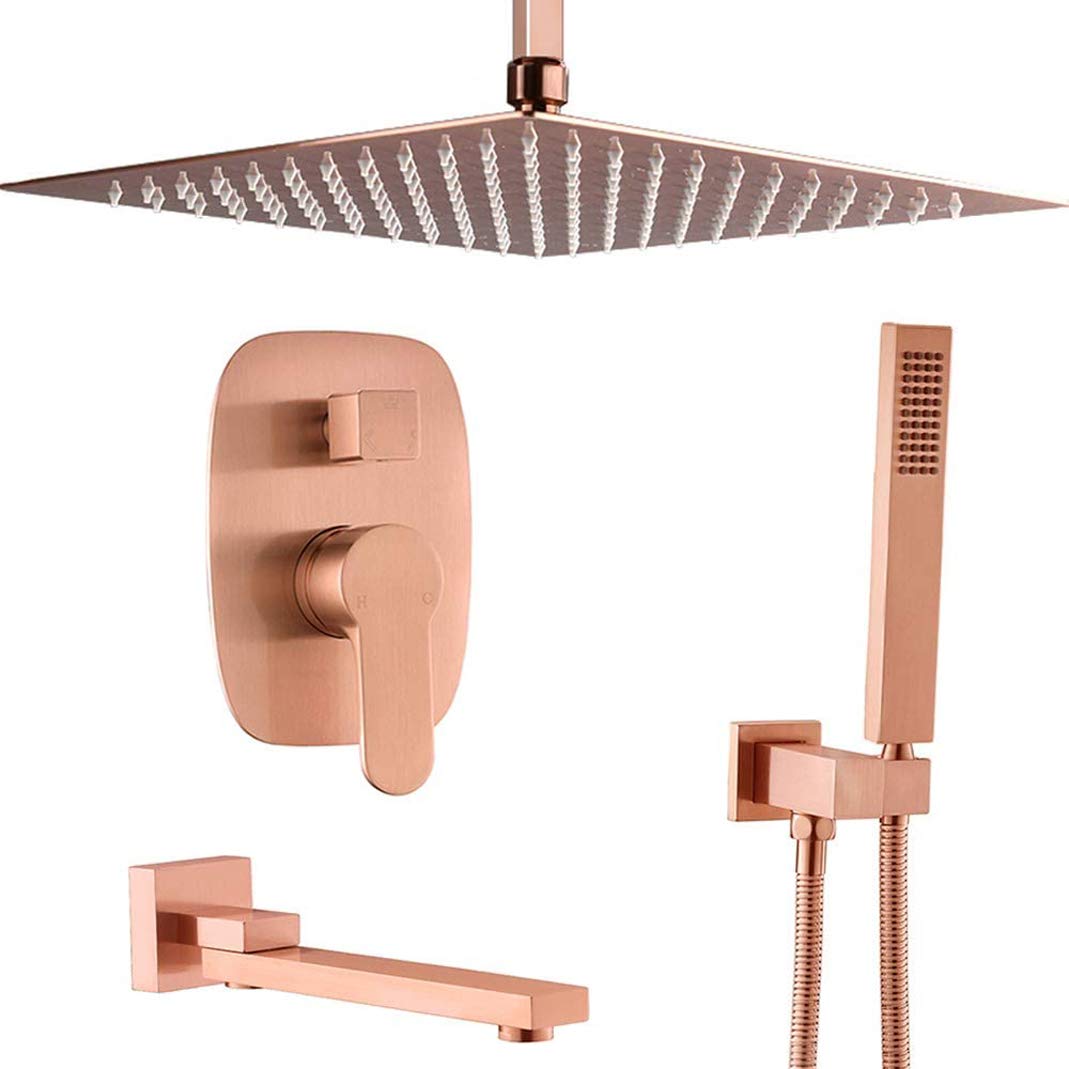 OZBMA Shower Set System, Bathroom Brass Rose Gold Ceiling Mounted 10-12 Inch Rainfall Faucet System Mixer with Handheld and Tub Taps, Set,12 inch