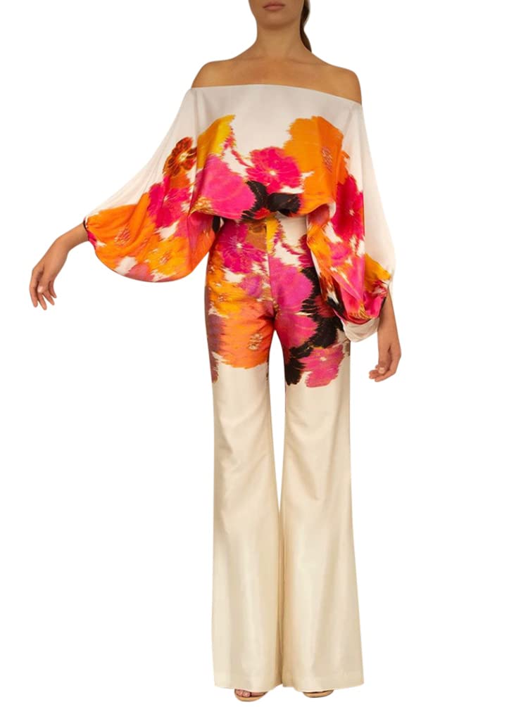 Minetom Femme 2 Pièces Vêtement Elégant Épaules Dénudées Imprimé Manches Longues Haut Top et Pantalon Survêtement Ensemble 2pcs