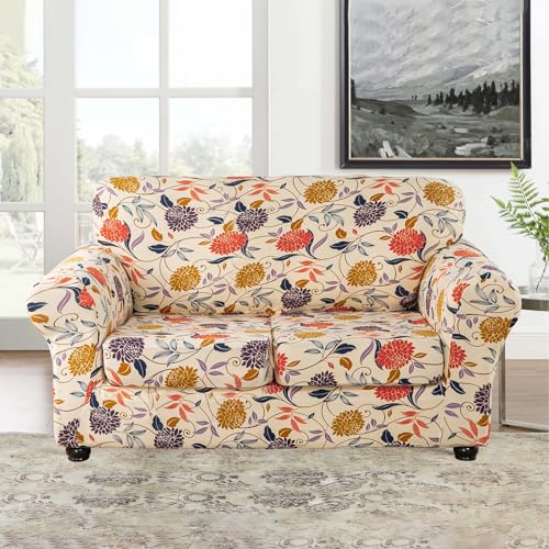 Lamberia Printed Sofa Cover For 2 Cushion Couch High Stretch Sofa Slipcovers 3 Piece Loveseat Slipcover With Two Separate Cushion Covers Elastic Bottom Floral Pattern thumb #1