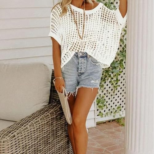 Thrivenget Tops, Womens Summer Scoop Neck Short Sleeve Sweater Casual Crochet Hollow Out Knit Tops Pullover Shirts4