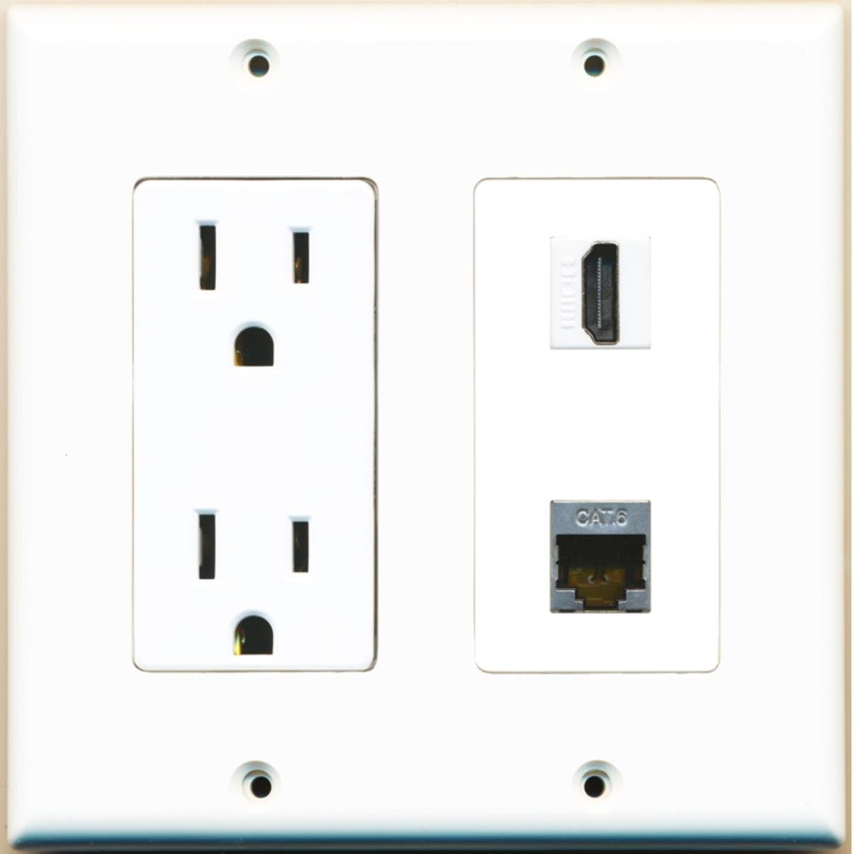 RiteAV - 15 Amp Power Outlet and 1 Port HDMI and 1 Port Shielded Cat6 Ethernet Decorative Type Wall Plate - Stainless Steel/White