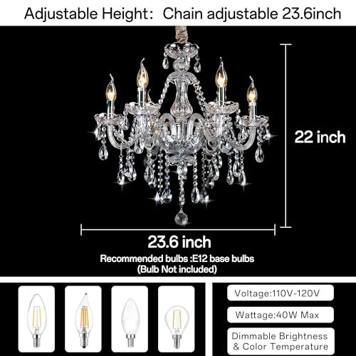 Bagood Clear 6 Lights Candle Chandelier Lighting K9 Crystal Candle Chandeliers Lighting Crystal Modern Chandelier for Dining Living Room Bedroom Entry Elegant Decoration E12 Base, H22 x W23.6 Inch by Bagood - Used condition - Image 4