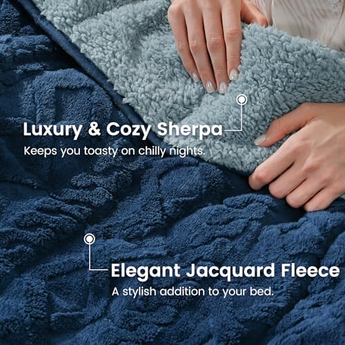 Image of Sherpa Fleece Adult Weighted Blanket Great for Sleep, 15 lbs Dual Sided Soft Fuzzy Heavy Blankets for Couch Bed Sofa, Cozy Warm Fluffy Jacquard Throw for Winter (Navy Blue, 60 inch x 80 inch, 15 Pounds)