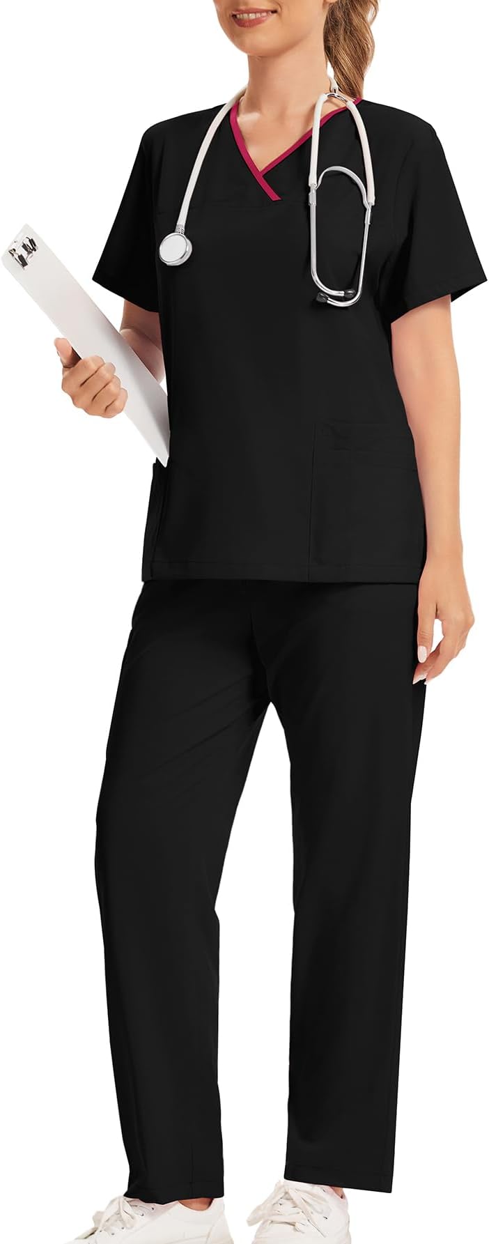 Scrubs Set for Women V-Neck Uniform Multi-Pocket Quick Drying Short Sleeved Scrub Top Comfort Set