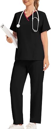LAZAWG Scrubs Uniforms Women Set with Pockets V-Neck Short Sleeve Scrub Top and Pants Comfortable Work Suits