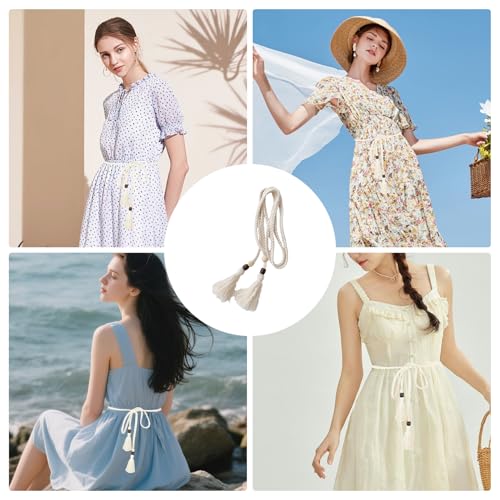 Gürtel Geflochten Damen,150cm Gürtel für Kleid,Quaste Baumwollkordel Geknoteter Taillengürtel Weiß,Boho Taillengürtel,Seilkette Dünner Bindegürtel für Röcke T-Shirts Hemden,Mode Rockgürte für Damen