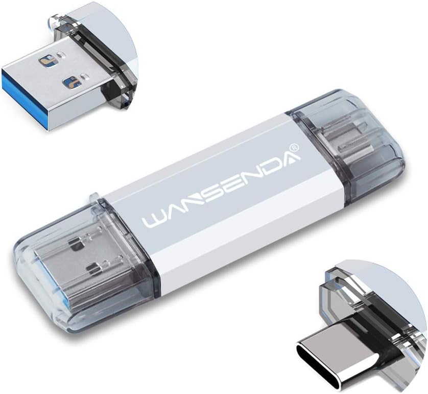 16GB Type C OTG USB C Flash Drive Wansenda 2 in 1 USB 3.0/3.1 Thumb Drive for PC/Mac/USB-C Smartphones Samsung Galaxy S8/S8+/S9/S9+/S10, Note7/8/9,A6S/A9S LG G6 V30 (Silver)
