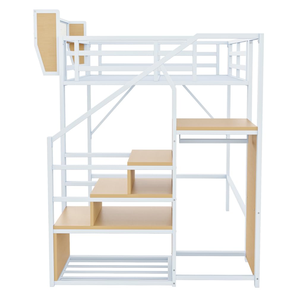 Cama alta de 140 x 200 cm con estructura de metal, cama de matrimonio de 140 x 200 cm con escalera de seguridad y compartimento contenedor flexible, cama para niños, sin colchón, color blanco