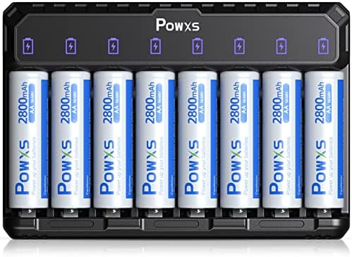 POWXS AA Rechargeable Batteries with Charger, 2800mAh High Capacity Ni-MH Double A Batteries (8 Pack) and 8-Bay Pro AA AAA Battery Charger with Type-C Fast Charging, Independent Slot