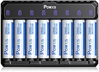 POWXS AA Rechargeable Batteries with Charger, 2800mAh High Capacity Ni-MH Double A Batteries (8 Pack) and 8-Bay Pro AA AAA Battery Charger with Type-C Fast Charging, Independent Slot