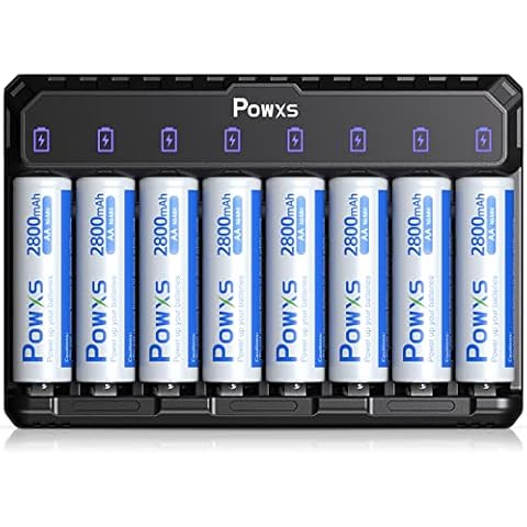POWXS Rechargeable AA Batteries with Charger, 8 Count 2800mAh Ultra Durable and Low-self Discharge Ni-MH Double A Batteries, with Smart AA AAA Battery Charger（Independent Slot & Convenient Type C） Cover