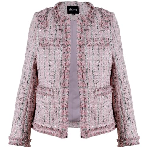 ebossy Women's Elegant Open Front Round Neck Fringed Plaid Tweed Jacket