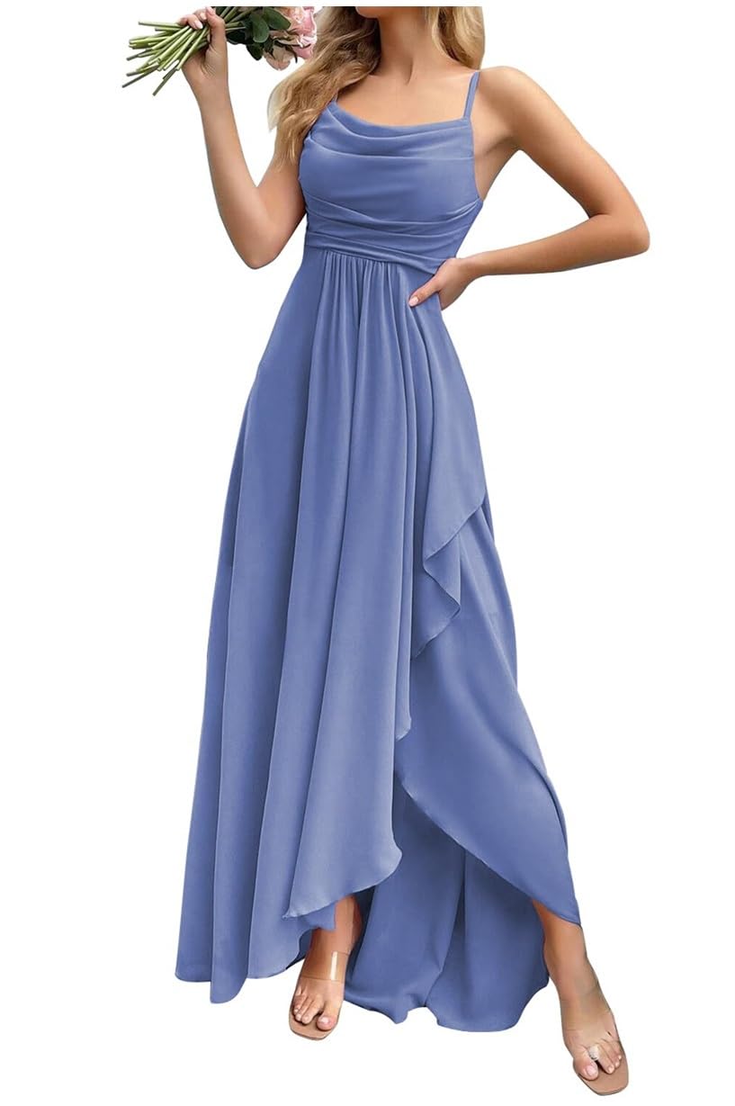 Kurface Women's Steel Blue Bridesmaid Dresses Long For With Slit Chiffon Spaghetti Strap Beach Formal Evening Dress Uk12