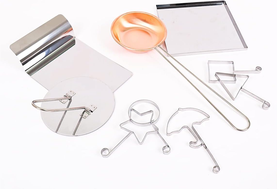 Korean Candy Making Kit - Complete 9-Piece Dalgona Kit with Shapes, Bottom Tray, Ladle, Press Tray, Dragger - Korean Candy Making Supplies for Home - Included Baking Soda