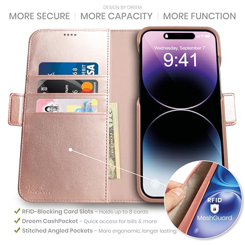 Image of dreem Fibonacci Compatible with iPhone 14 Pro Wallet case / 2-in-1 Shockproof case and Detachable Vegan Leather Folio, MagSafe Compatible, RFID Protection [Rose]