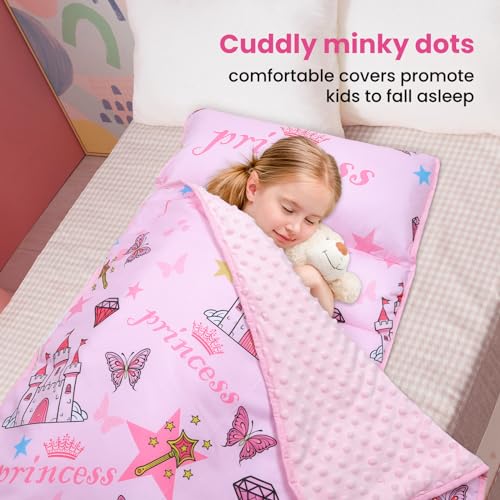 kids nap mat portable slumber bags with removable pillow and blanket for girls boys lightweight extra large sleeping bag for preschool camping daycare