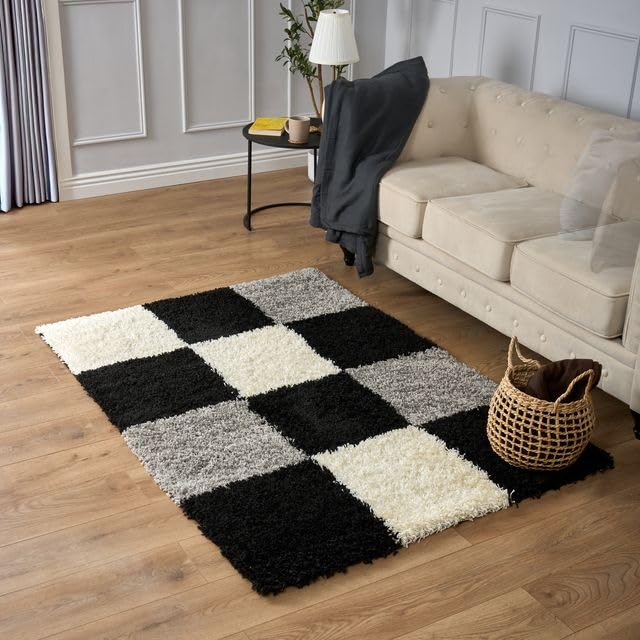 Bravich Medium Grey Black and Cream Checked Geometric Shaggy Rug 80x150 cm (2ft7 x 4ft11), Thick 5cm Deep Pile Soft Fluffy Non Shed Polypropylene Area Carpet for Living Room Bedroom — image 1